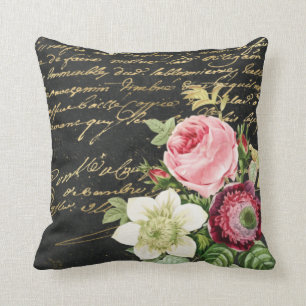 Coussin Chic vintage de Roses Shabby avec un script d'or 