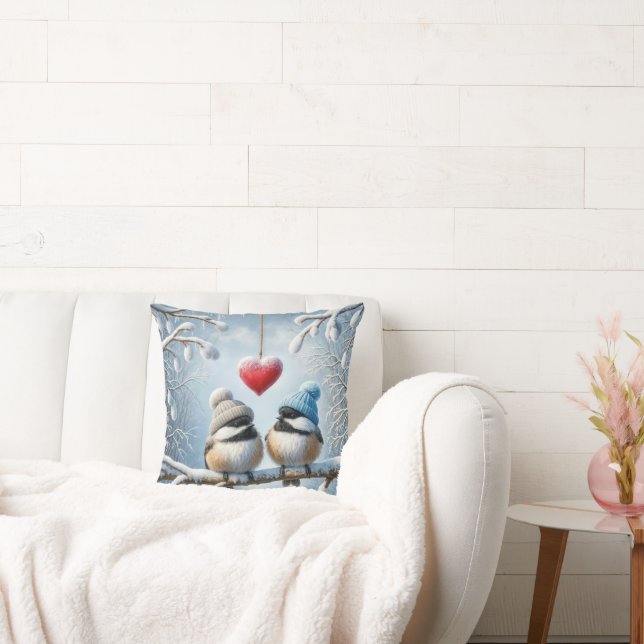 Coussin Chickadee d'hiver au coeur rouge (Canapé)