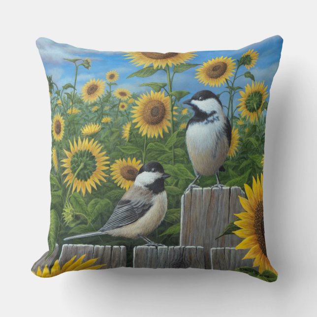 Coussin Chickadees et tournesols (Recto)