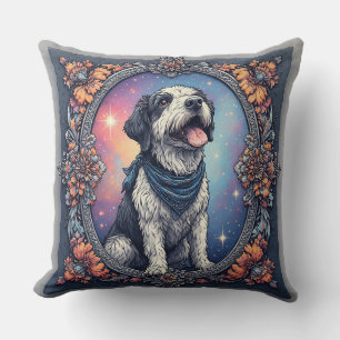Coussin Chien adorable encadré de fleurs colorées