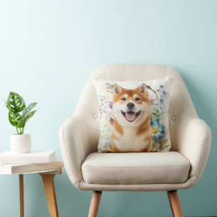 Coussin Chien Akita Shiba Inu avec fleurs aquarelles bleue