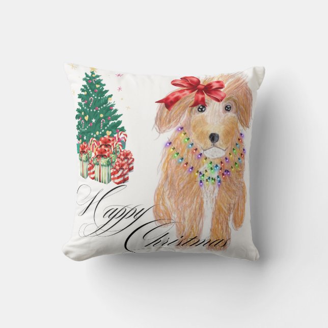 Coussin Chien assis avec arc Noël (Recto)