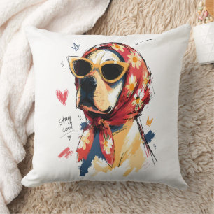 Coussin Chien au frais avec foulard floral et lunettes de