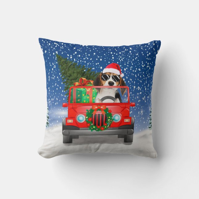 Coussin Chien beagle avec cadeaux de Noël (Recto)