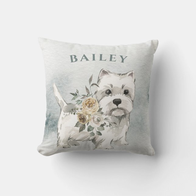 Coussin Chien blanc mignon avec fleurs | Westie (Recto)
