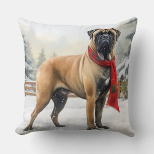 Coussin Chien Bullmastiff dans la neige de Noël
