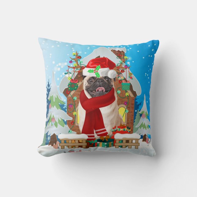 Coussin Chien carlin avec cadeaux de Noël (Recto)