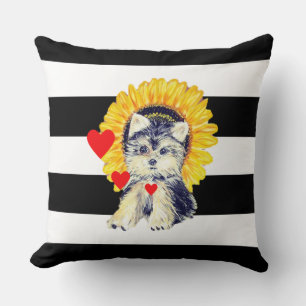 Coussin Chien, cœurs & tournesol sur rayures noires et bla