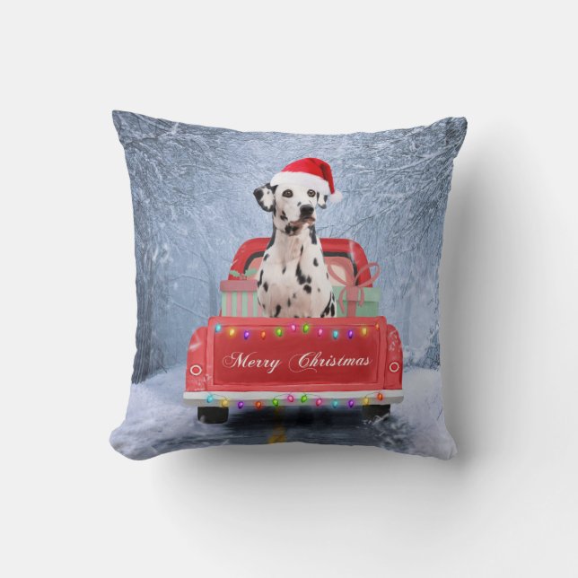 Coussin Chien dalmate en neige assis dans un camion de Noë (Recto)
