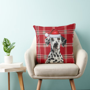 Coussin Chien Dalmatien Fête Rouge à Carreaux de Noël
