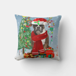 Coussin Chien de boxe en neige avec cadeaux de Noël
