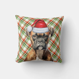 Coussin Chien de boxe Rouge et Vert Plaid Noël Fêtes