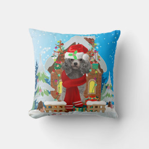 Coussin Chien de caniche avec cadeaux de Noël
