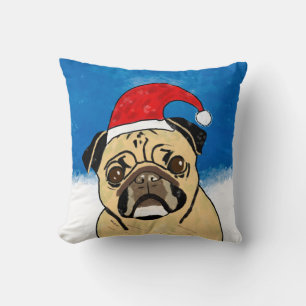 Coussin Chien de carlin dans neige Noël Aquarelle Art Port