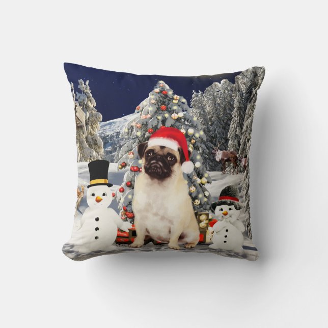 Coussin Chien de carlin en neige Noël Lumières de chapeau  (Recto)