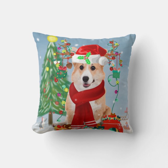 Coussin Chien de Corgi en neige avec cadeaux de Noël (Recto)