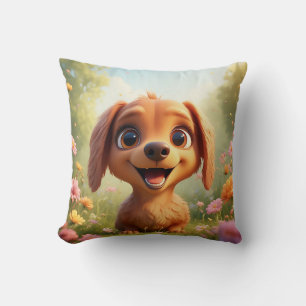 Coussin Chien de dessin animé joyeux dans un champ de fleu