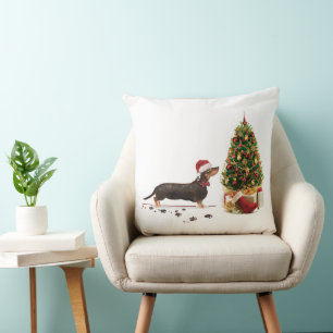 Coussin Chien de Noël noir et Tan Dachshund drôle