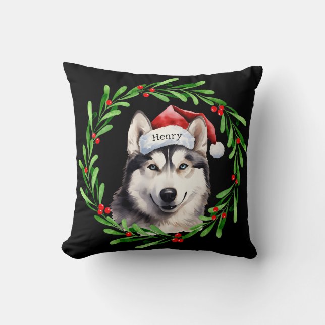 Coussin Chien de Noël Sibérien Husky Santa Hat (Recto)
