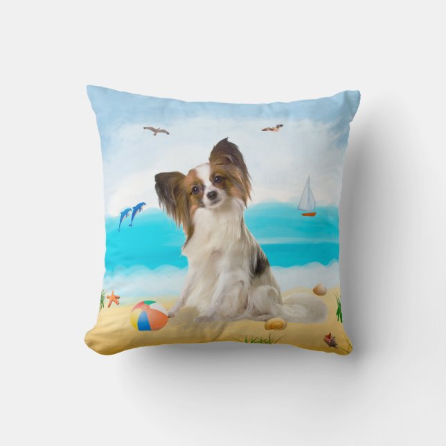 Coussin Chien de Papillon sur la plage (Recto)