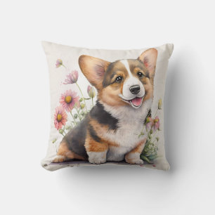 Coussin Chien de race Corgi au style aquarelle mignon