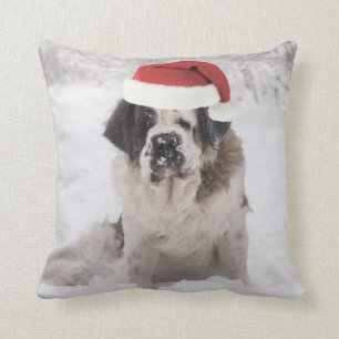 Coussin Chien de Saint-Bernard avec chapeau de santa