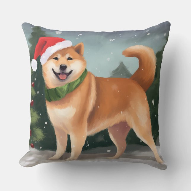 Coussin Chien de Shiba Inu à Noël de neige (Recto)