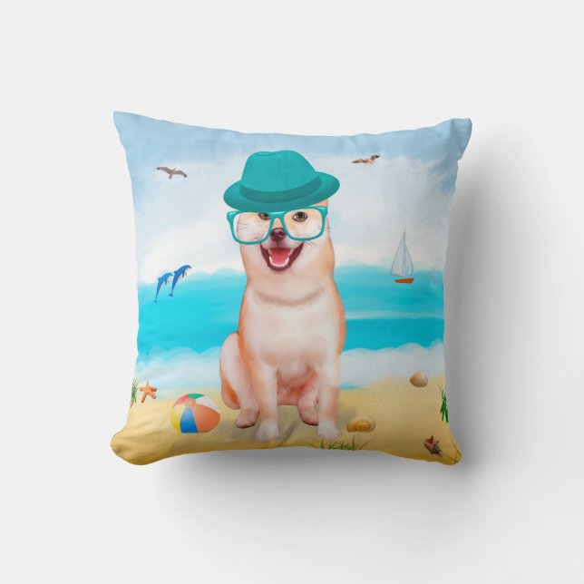 Coussin Chien de Shiba Inu sur la plage (Recto)