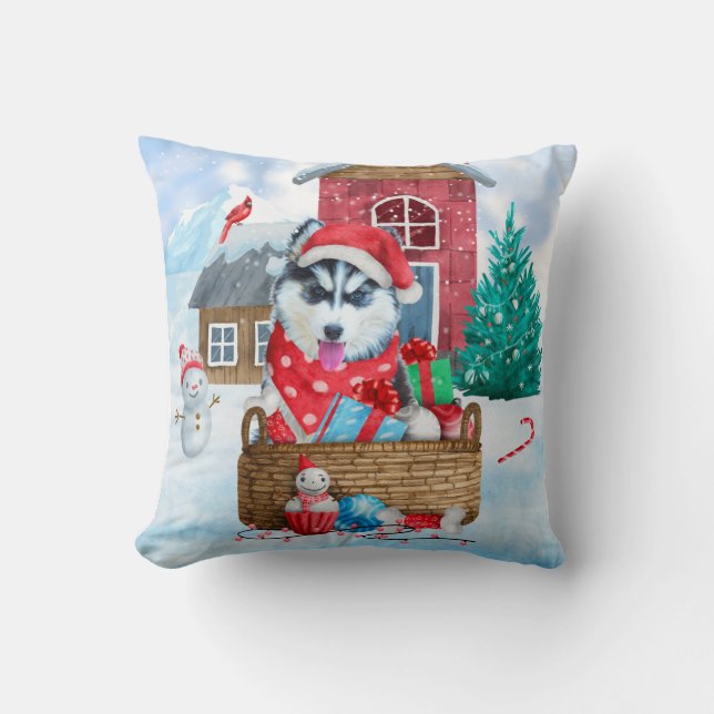 Coussin Chien de Sibérie Husky dans la neige Maison de Chi (Recto)