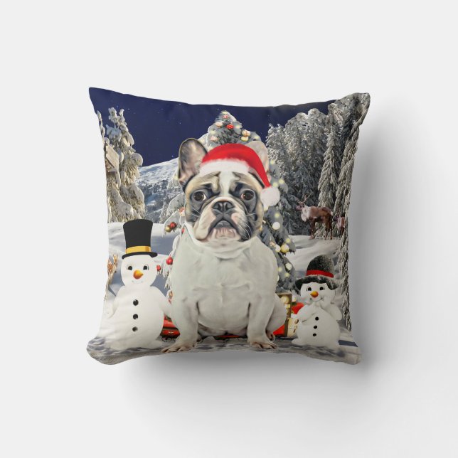 Coussin Chien de taureau français en Noël de neige (Recto)