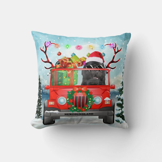 Coussin Chien de Terre-Neuve avec cadeaux de Noël (Recto)