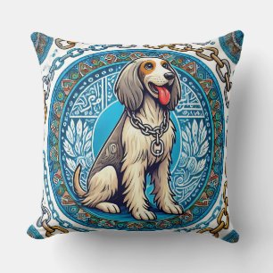 Coussin Chien heureux encadré par des motifs décoratifs