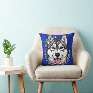 Coussin Chien Husky Sibérien Et Fleur De Laurier Des Monta