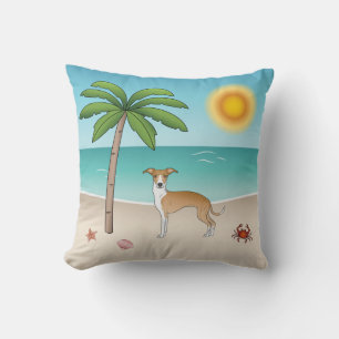 Coussin Chien Iggy Fauve Et Blanc Sur Une Plage Tropicale 