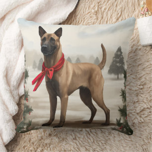 Coussin Chien malinois belge à Noël de neige