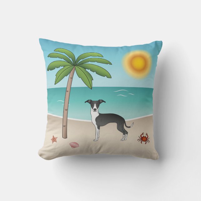 Coussin Chien Noir Et Blanc Iggy À La Plage Tropicale D'Ét (Recto)