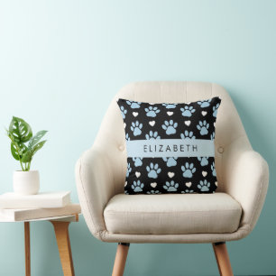 Coussin Chien Paws, Blue Paws, White Hearts, Votre Nom