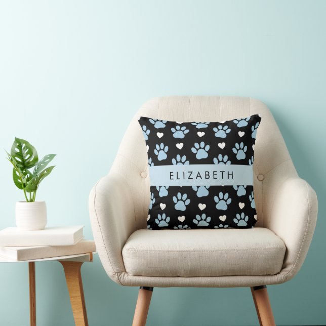 Coussin Chien Paws, Blue Paws, White Hearts, Votre Nom (Chaise)
