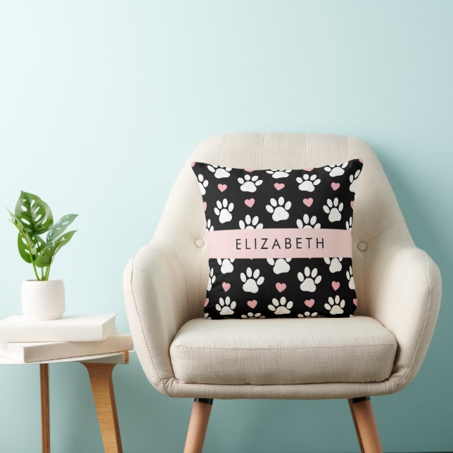 Coussin Chien Paws, White Paws, Rose Hearts, Votre Nom (Chaise)