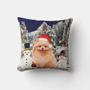 Coussin Chien Poméranien assis sur la plage Casquette de N