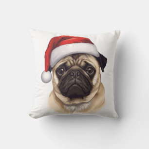 Coussin Chien Pug Chapeau de Père Noël Joyeux Noël Art