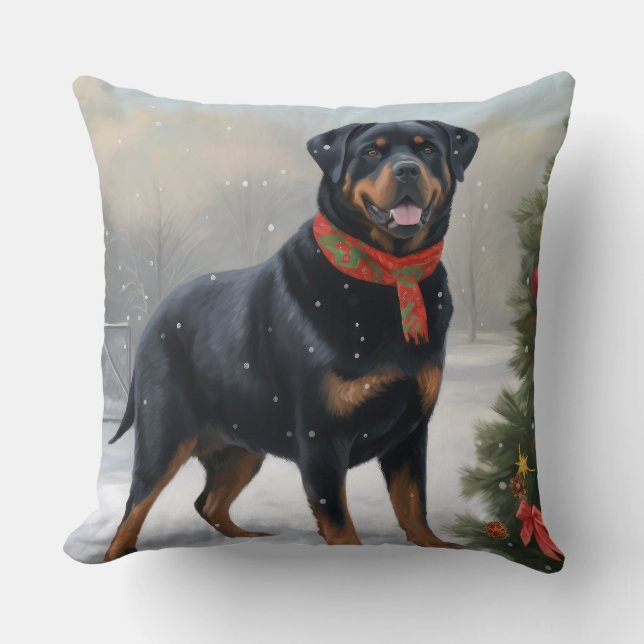 Coussin Chien Rottweiler pendant Noël de neige (Recto)