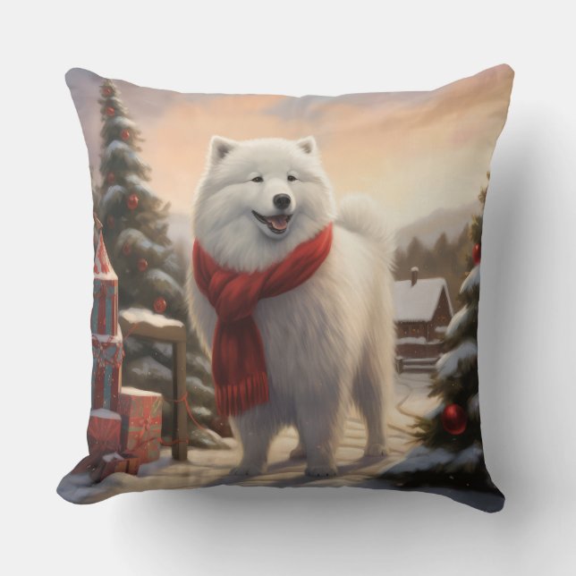 Coussin Chien Samoyé à Noël de neige (Recto)