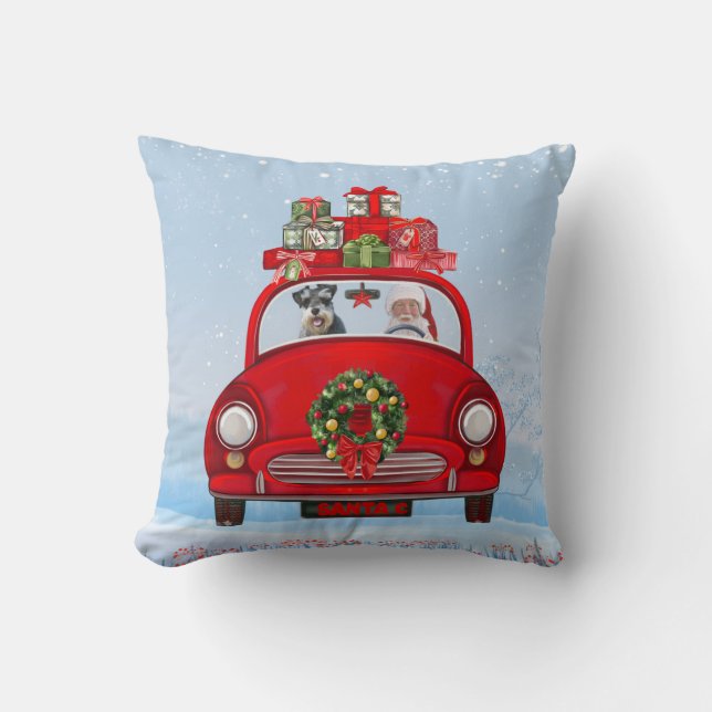 Coussin Chien schnauzer en voiture avec le Père Noël (Recto)