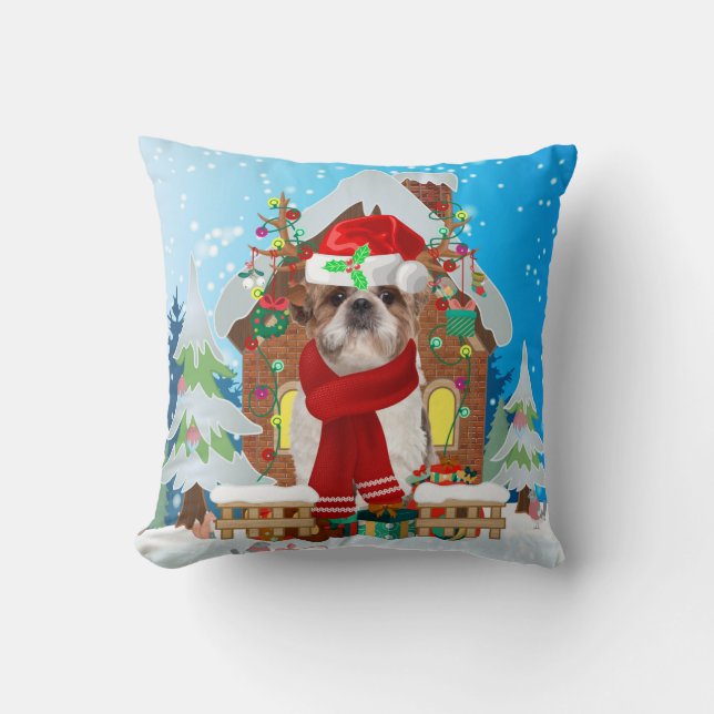 Coussin Chien Shih Tzu avec cadeaux de Noël (Recto)