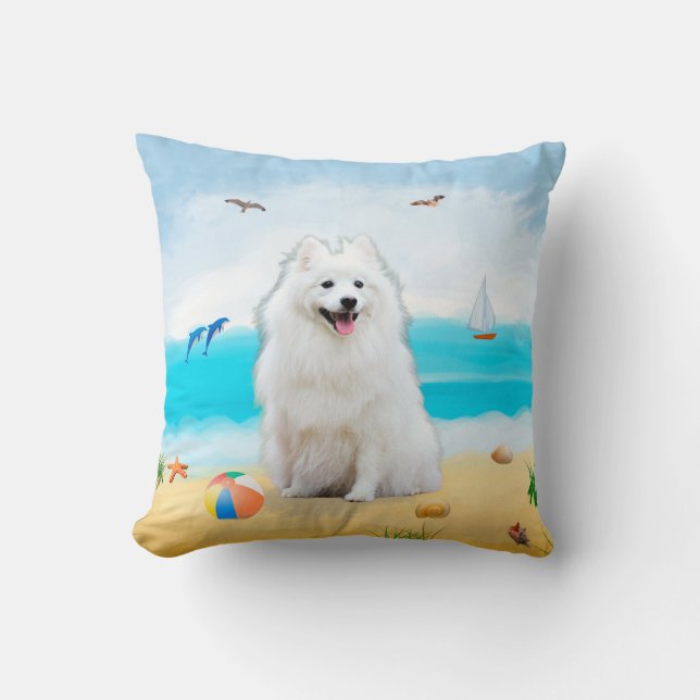 Coussin chien spitz sur la plage (Recto)