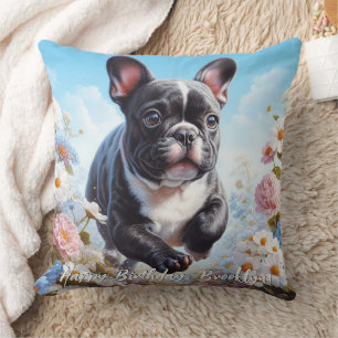 Coussin Chien-taureaux et fleurs français noir et blanc