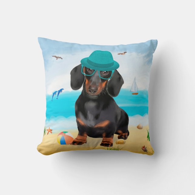 Coussin chien teckel sur la plage (Recto)