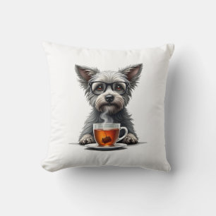 Coussin Chien Vintage Tenant du Thé avec des Lunettes Retr