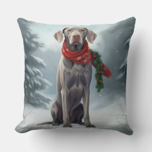 Coussin Chien Weimaraner dans la neige Noël